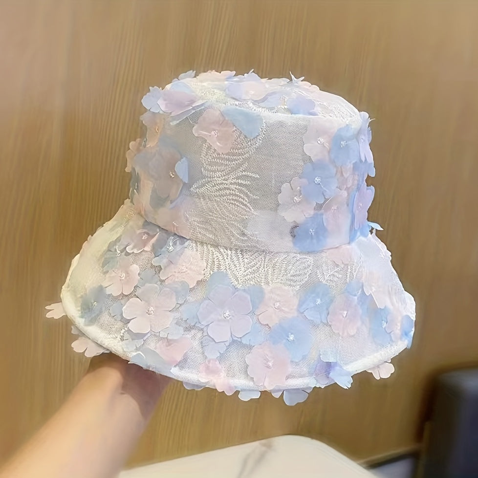 Flower Butterfly Decor Bucket Hat Lace Sun Hat Foldable Travel Beach Hats