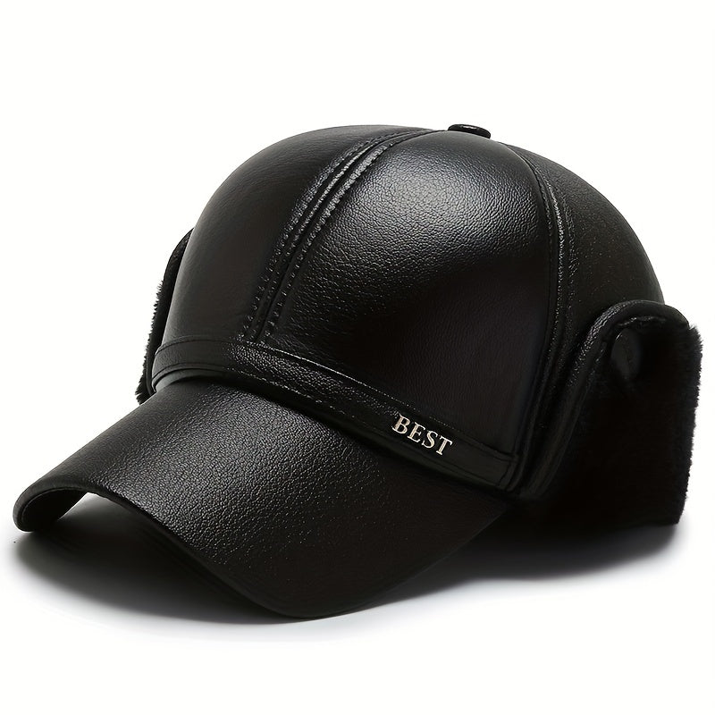 Men's Winter Velvet PU Leather Baseball Cap Outdoor Warm Hat