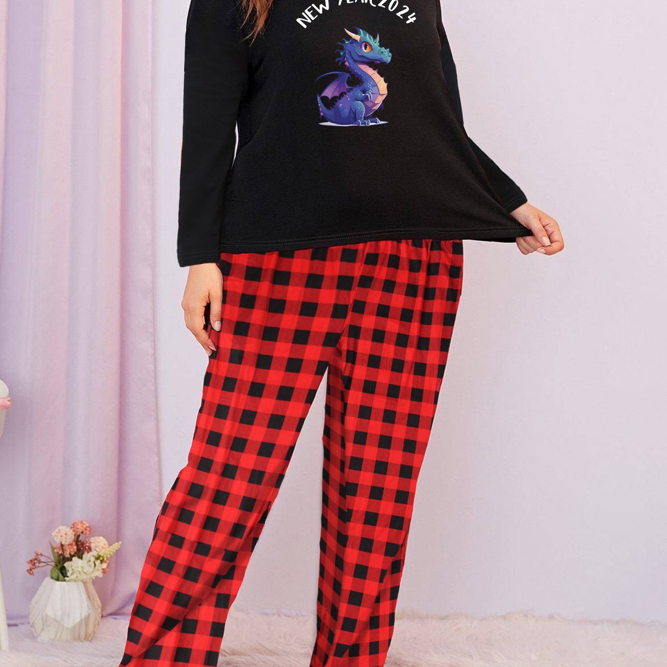 Casual Pajamas Set Women's Plus Dinosaur Graphic Tee & Plaid Pants Set
