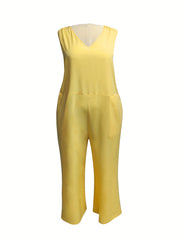 Solid V Neck Wide Leg Jumpsuit With Pockets