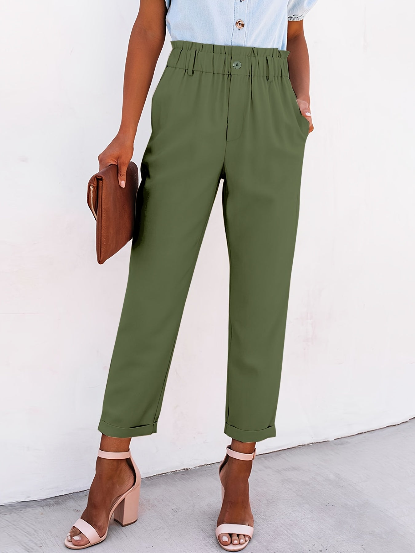 Ruffled Elastic Waist Casual Pants - Solid High Waist Athleisure