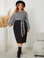 Colorblock Houndstooth Lantern Sleeve Midi Dress