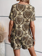 Ethnic Floral Print Set V Neck Tee & Wide Leg Shorts Women's Clothing