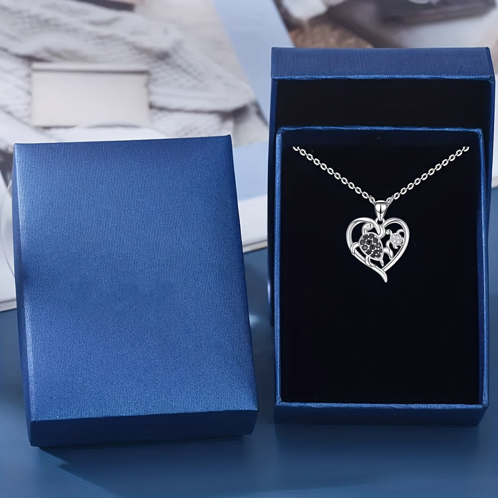 Mother Child Turtle Rhinestone Heart Pendant Necklace