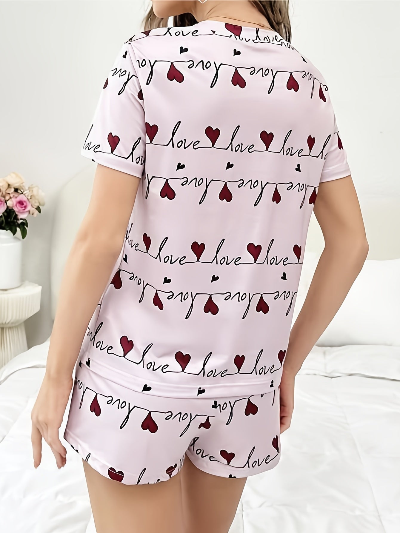 Heart Print Pajama Set Short Sleeve Top & Shorts Women's Sleepwear