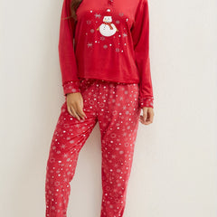 Snowflake Print Christmas Pajama Set Long Sleeve Top & Pants