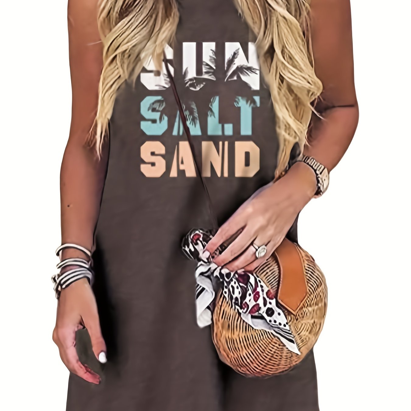 Letter & Tree Print Tank Tops Dress Casual Sleeveless Summer Vest Top Dress