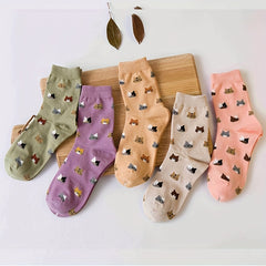 5 Pairs Cat Print Mid Tube Socks Women Stockings