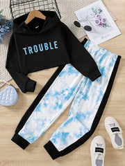 Girls 2pc TROUBLE Letter Hoodie Set Colorblock Tie dye Pants Kids Casual Suit