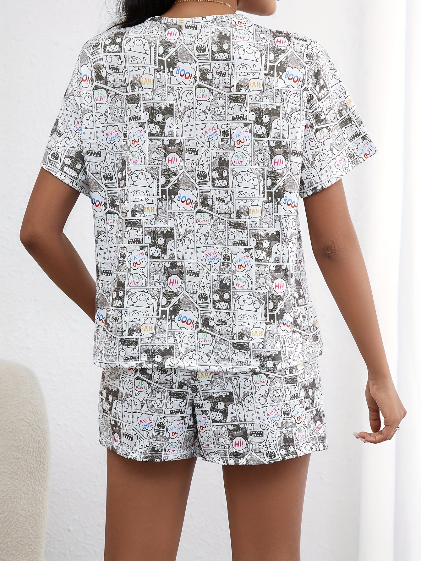 Cartoon Print Pajamas Set Short Sleeve Crew Neck Top & Shorts