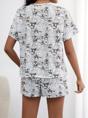 Cartoon Print Pajamas Set Short Sleeve Crew Neck Top & Shorts