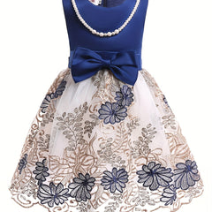 Girls Sleeveless Flowers Embroidery Mesh Princess Dress Gown