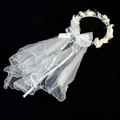 Short Wedding Veil Bow Headband for Women Bridal Veil with Floral Accents