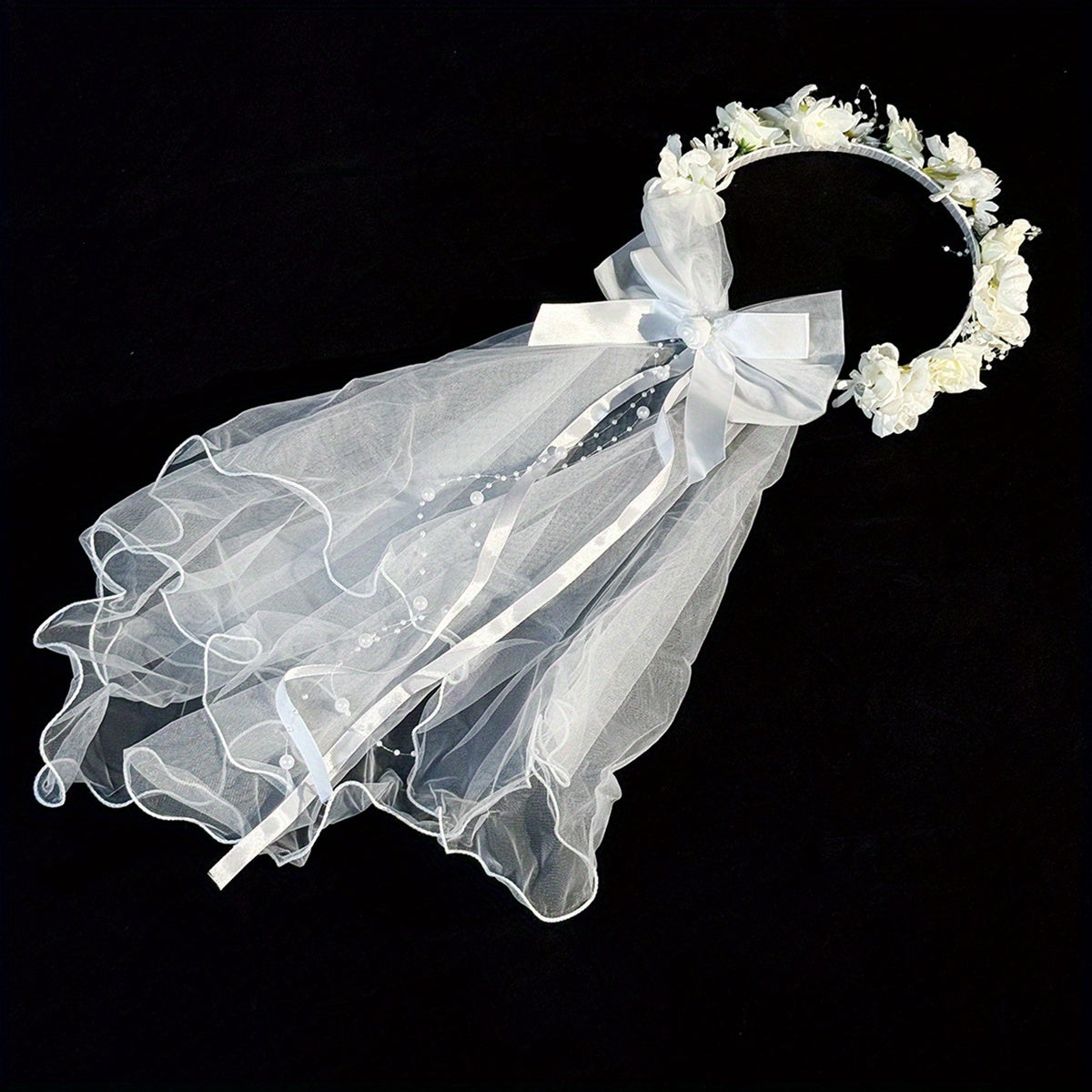Floral Bridal Veil Headband with Bow Short Wedding Veil for Women