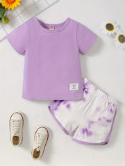 2pcs Toddler Girls Cotton T Shirts Top & Tie Dye Contrast Shorts Set