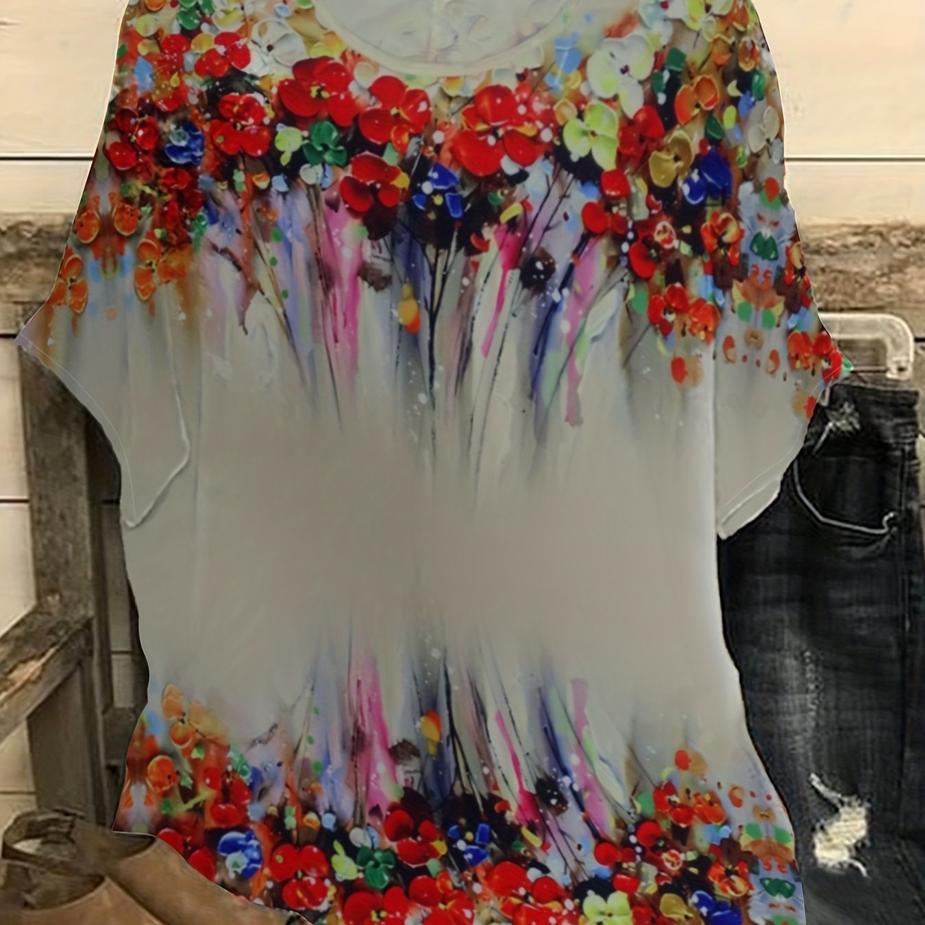 Casual Painting Print Batwing Sleeve Round Neck Blouse