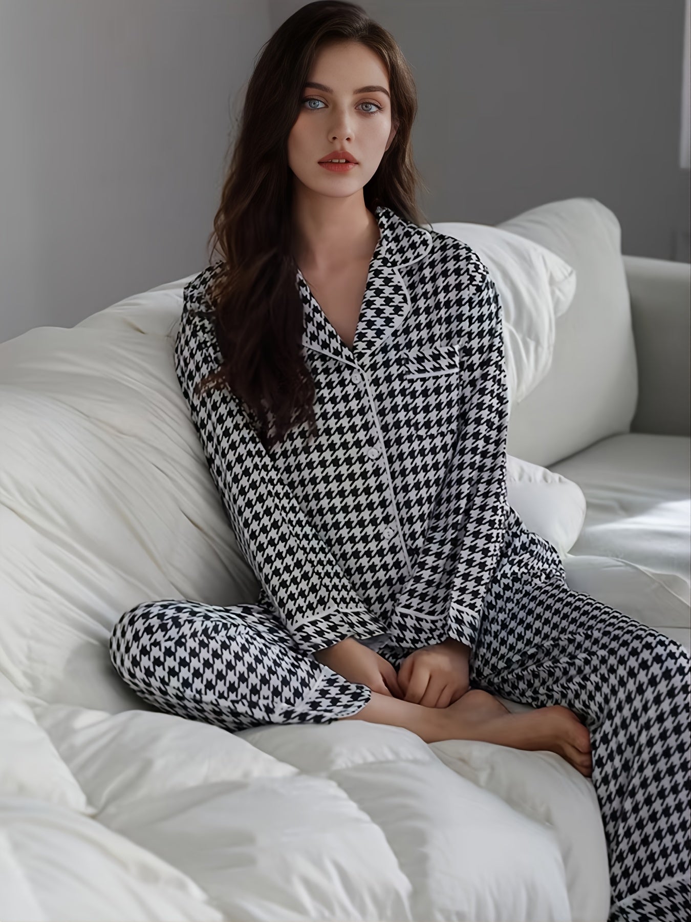 Classic Houndstooth Pajama Set Long Sleeve Shirt & Trousers