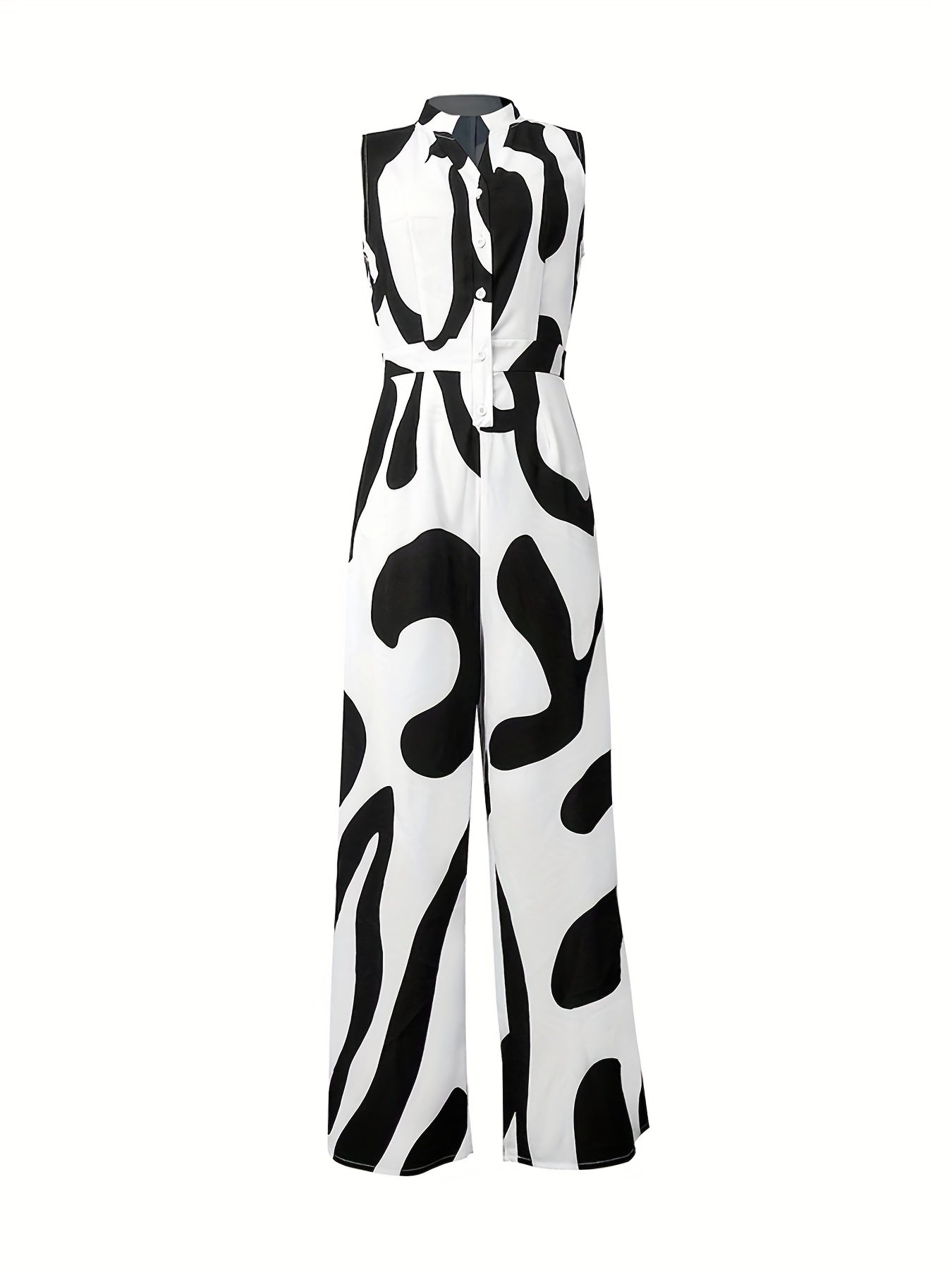 Abstract Print Button Front Jumpsuit Sleeveless Wide Leg Jumpsuit