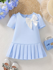 Baby Girls Block Bow Pleated Dress Princess Dress