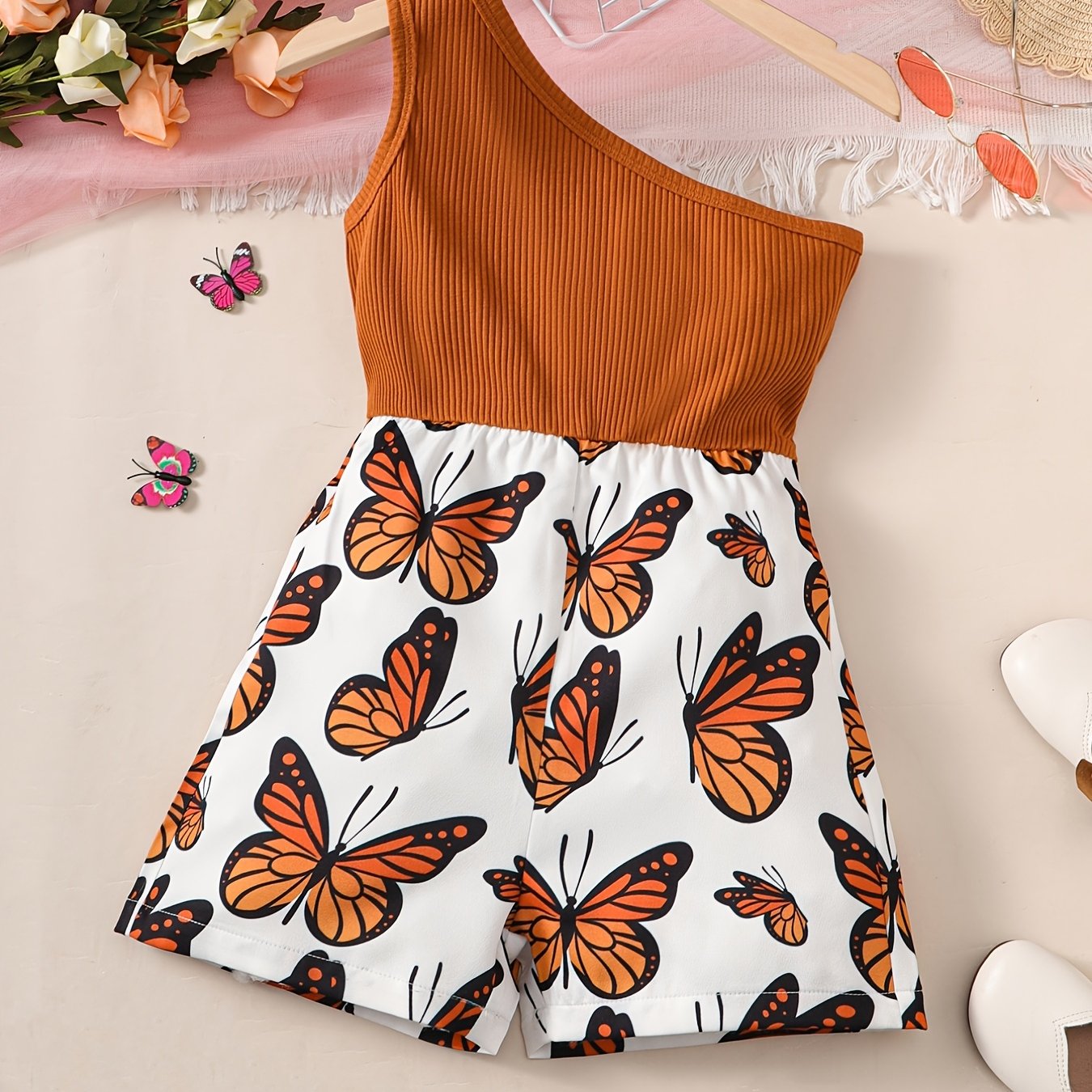 Toddler Girls Butterfly Graphic One Shoulder Rompers Jumpsuits