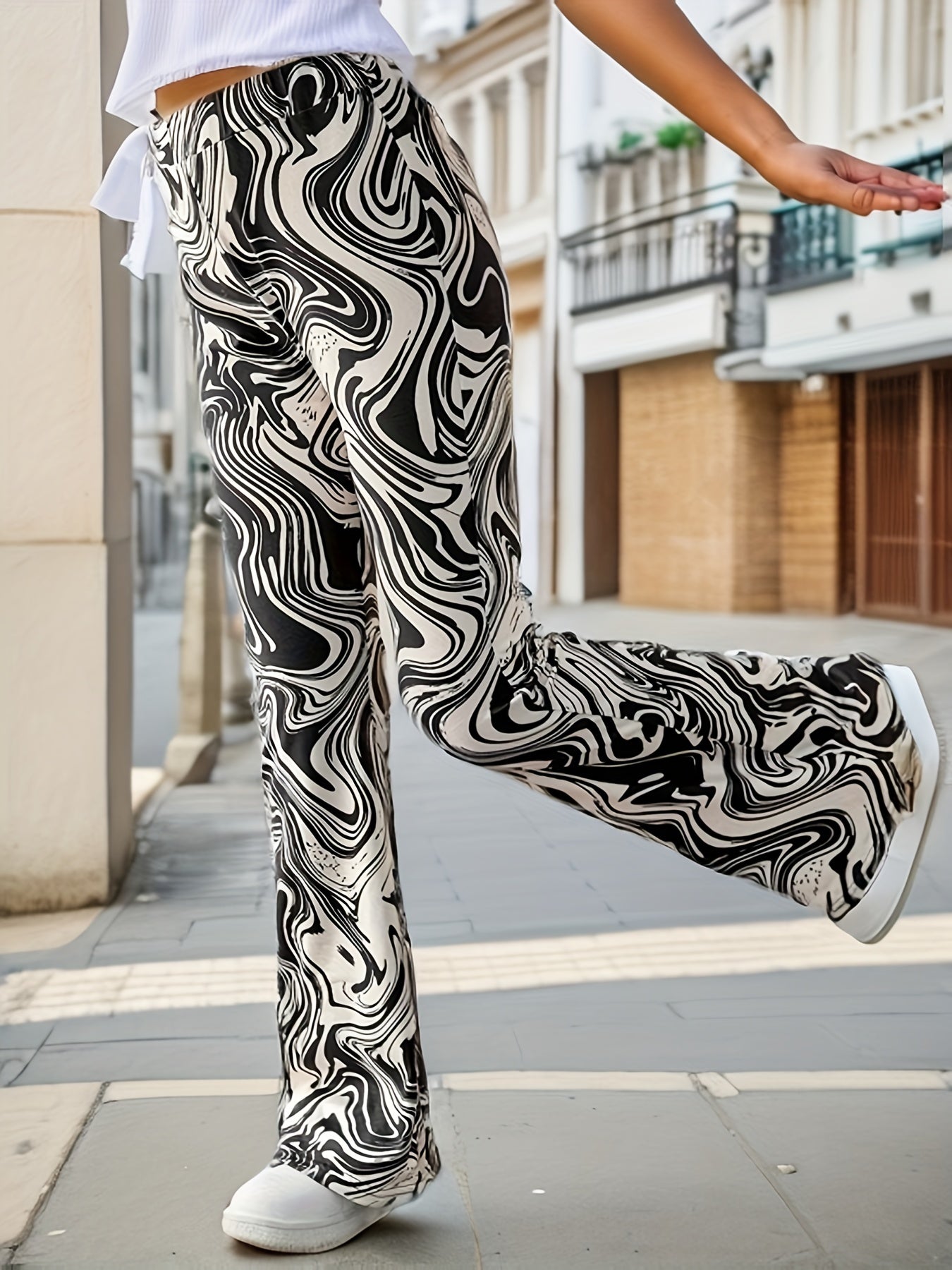 Girls' Swirls Print Bell Bottom Pants Elastic Waist Casual Flared Pants