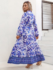 Floral Print Lantern Sleeve Maxi Dress With Belt