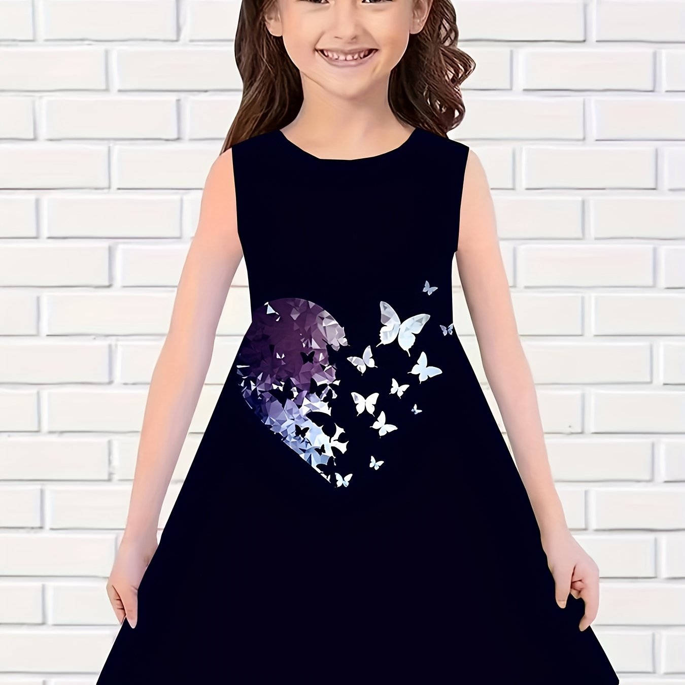 Girls Broken Heart & Butterfly Graphic Sleeveless Dress