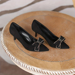 Bowknot Kitten Heels Pointed Toe Slip On Office Work Shoes