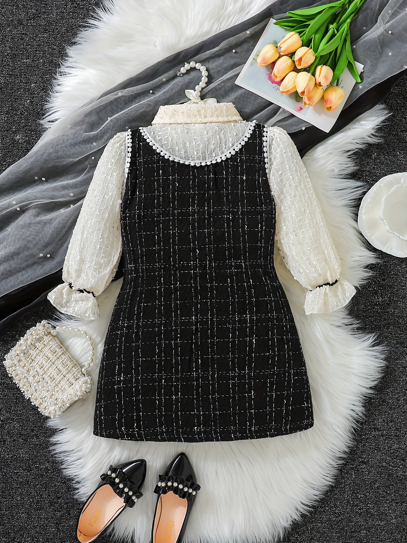 Girls' Tweed Knit Stitching Collared Long Sleeve Dress