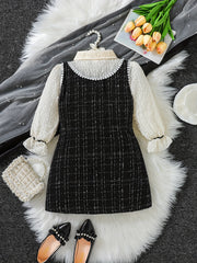 Girls' Tweed Knit Stitching Collared Long Sleeve Dress