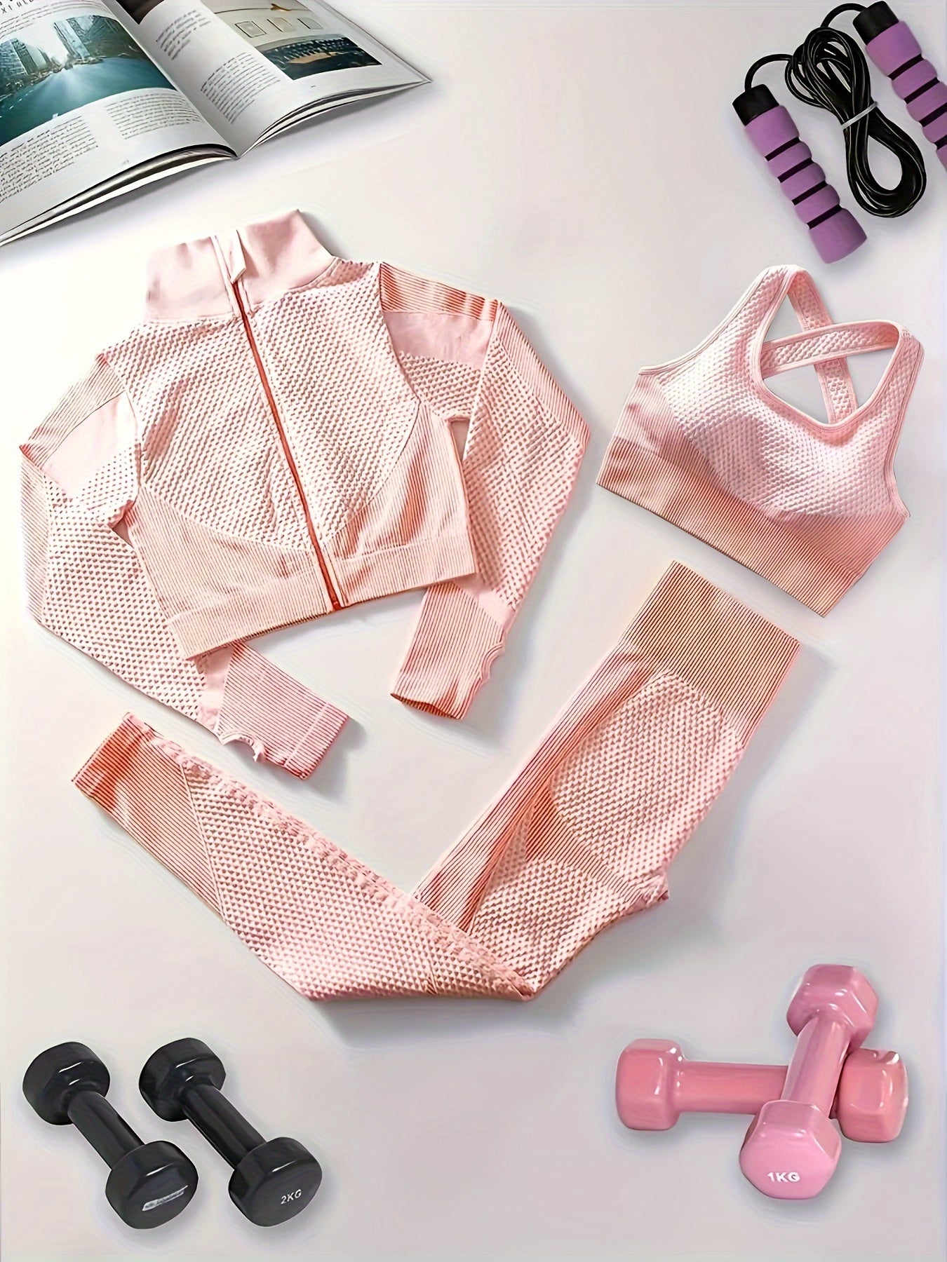 3pcs Block Yoga Workout Set Long Sleeve Jacket & Sports Bra & Leggings