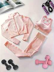 3pcs Block Yoga Workout Set Long Sleeve Jacket & Sports Bra & Leggings