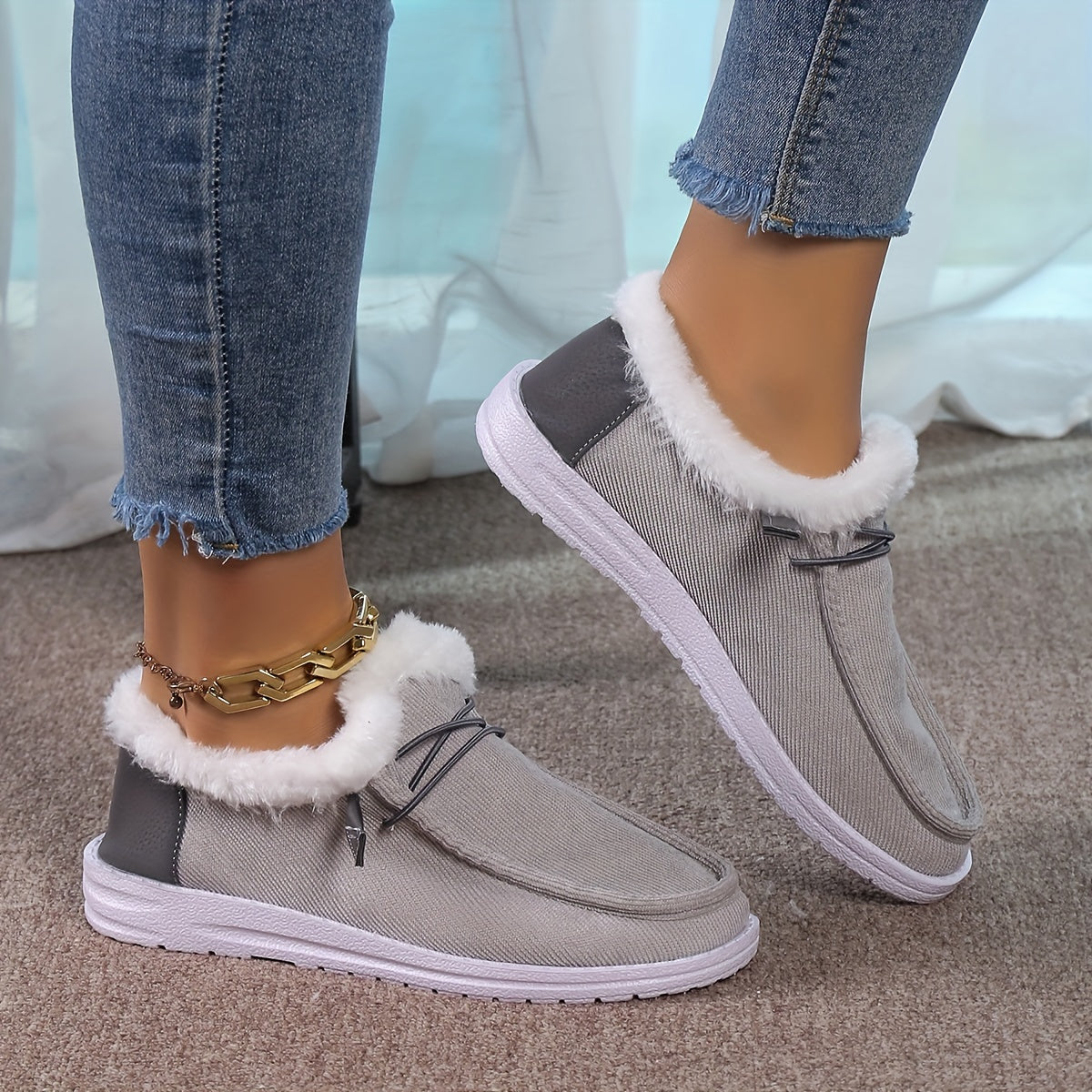 Plush Lined Thermal Furry Snow Shoes Winter Warm Non Slip Boat Shoes