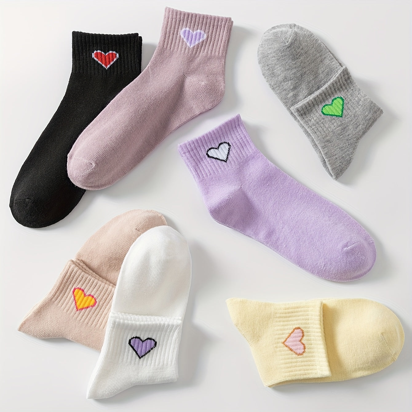 7 Pairs Heart Print Socks Comfy & Breathable Short Socks Women's Stockings