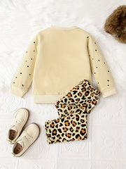 Leopard Pattern Pajamas 2pcs Set Long Sleeve Top & Pants Girl's Loungewear