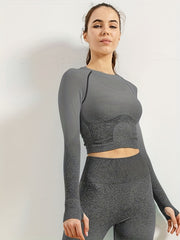 Long Sleeves Yoga T Shirt Mid Stretch Round Neck With Thumb Holes