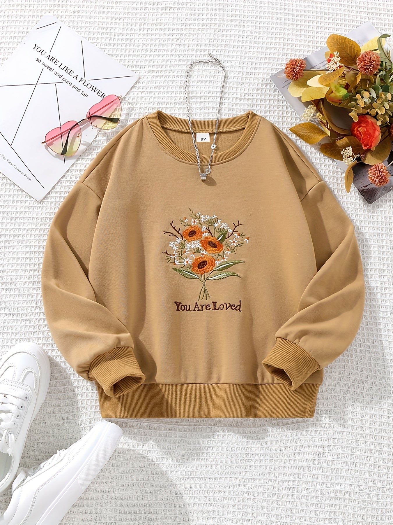 Girls Flower Embroidered Crew Neck Sweatshirt for Spring Fall