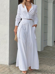 Casual Two Piece Set Long Sleeve Blouse & Wide Leg Pants Outfit