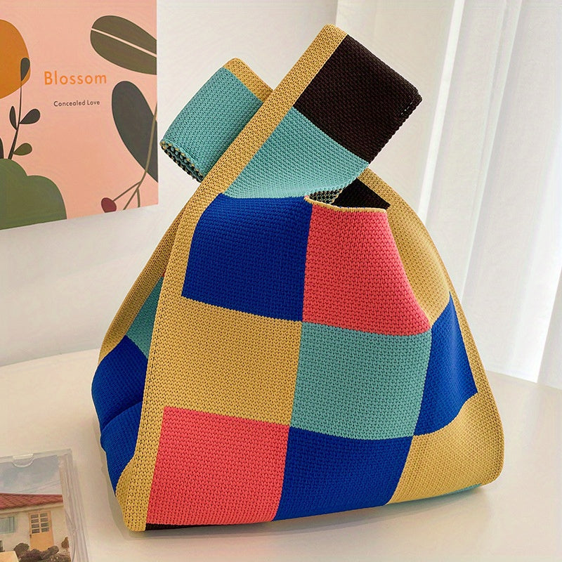 Contrast Grid Woven Handbag Fabric Crochet Niche Tote Bag