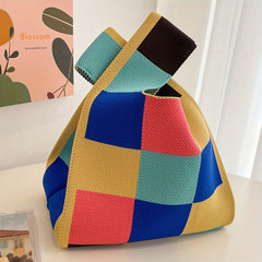 Contrast Grid Woven Handbag Fabric Crochet Niche Tote Bag