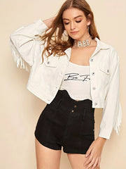 Fringe Trim Denim Jacket Flap Pockets Lapel Coat Women's Clothing