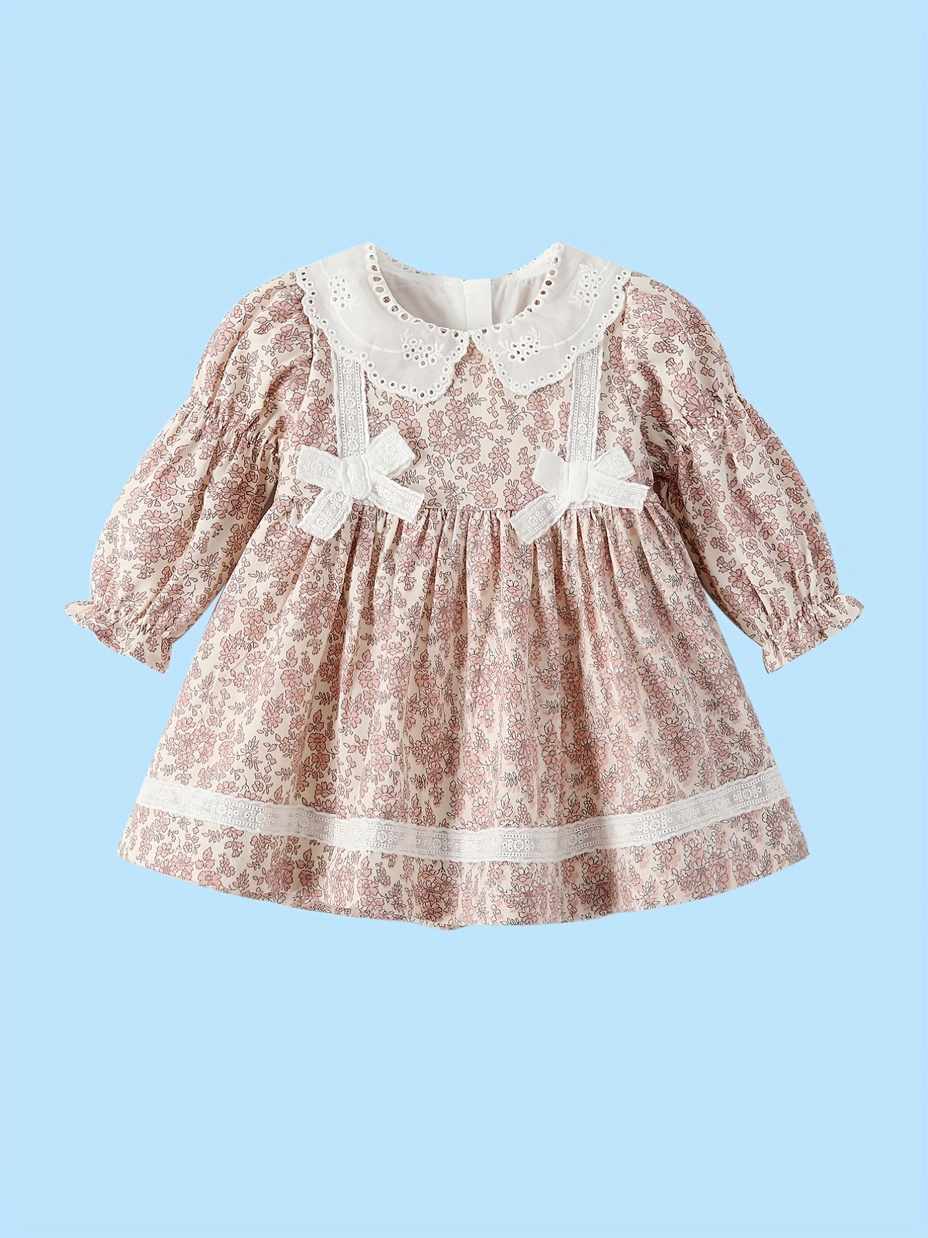 Baby Girls Floral Dress Lace Bowknot Ruffle Long Sleeve Princess Dress