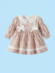 Baby Girls Floral Dress Lace Bowknot Ruffle Long Sleeve Princess Dress