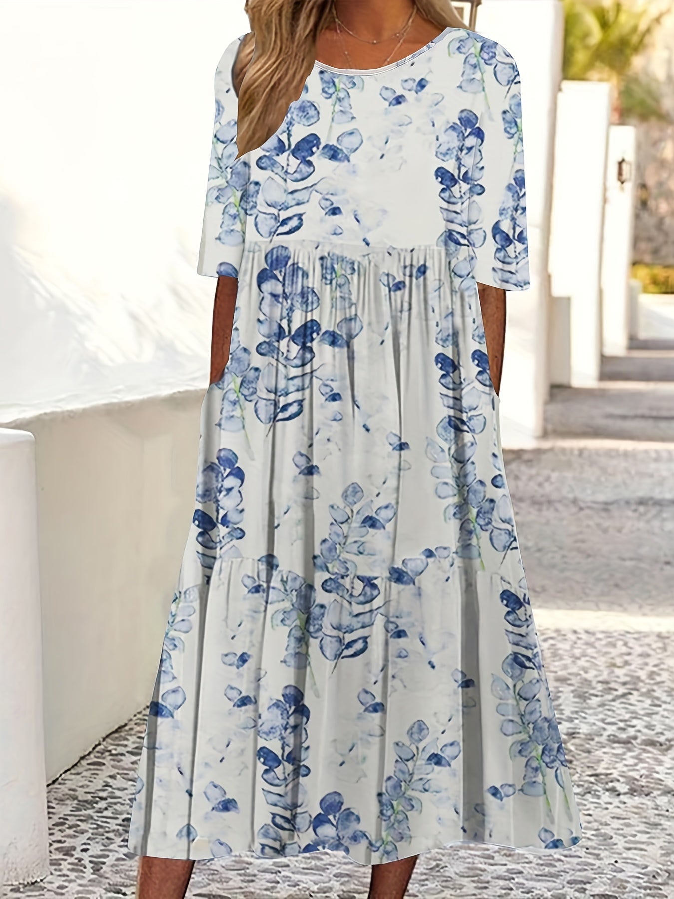 Plus Size Floral Print Short Sleeve Casual Dress With Pockets