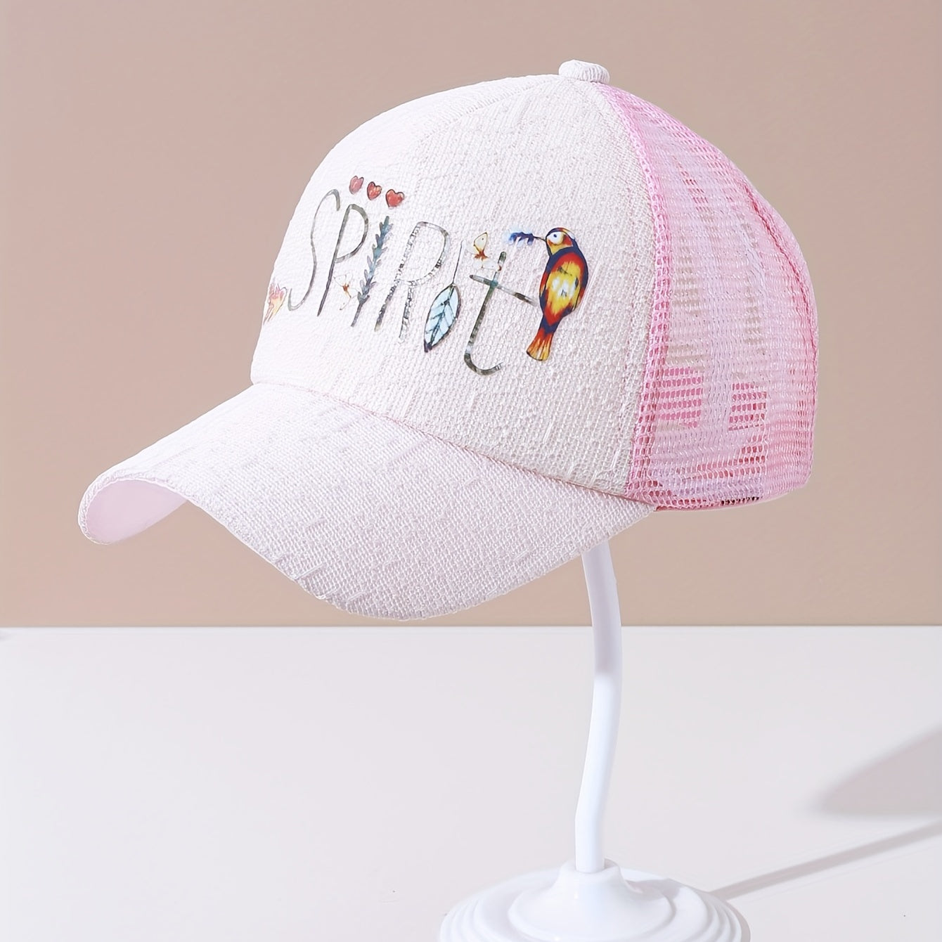 Letter Bird Printed Trucker Hat Pink Mesh Breathable Baseball Cap Women