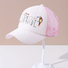 Letter Bird Printed Trucker Hat Pink Mesh Breathable Baseball Cap Women
