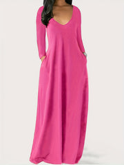 Solid Long Sleeve V Neck Maxi Dress
