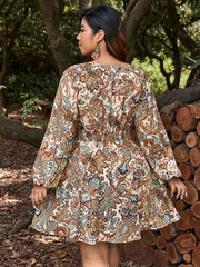 Boho Paisley Floral Print Lantern Sleeve Tie Front Dress