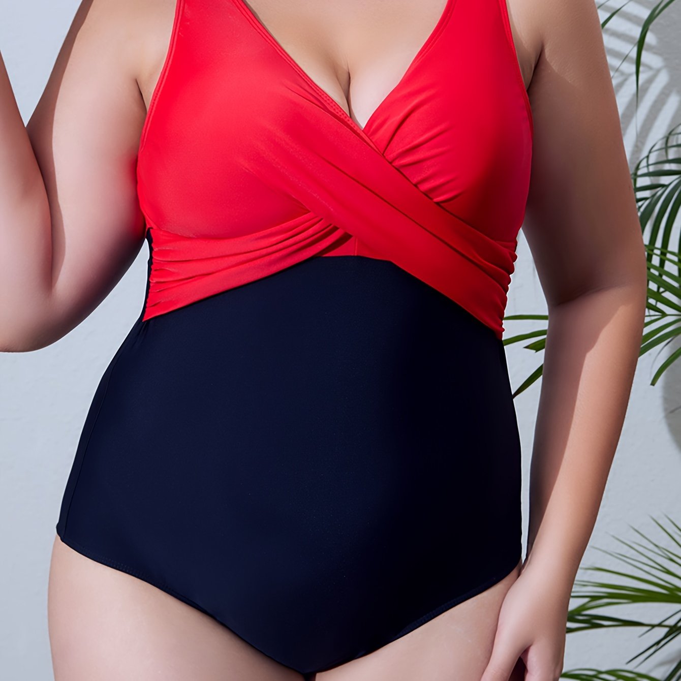 Sexy Swimsuit Colorblock Cross Front V Neck One Piece Bathing Suit