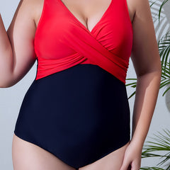 Sexy Swimsuit Colorblock Cross Front V Neck One Piece Bathing Suit